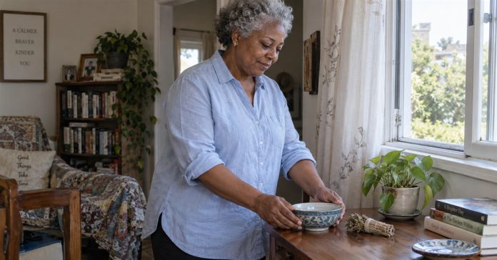Woman setting a ceramic bowl on a cleared table near an open window, with an unlit herb bundle beside it.
