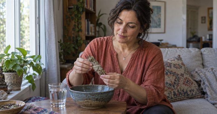 Woman preparing an unlit herb bundle over a ceramic bowl beside an open window at home.