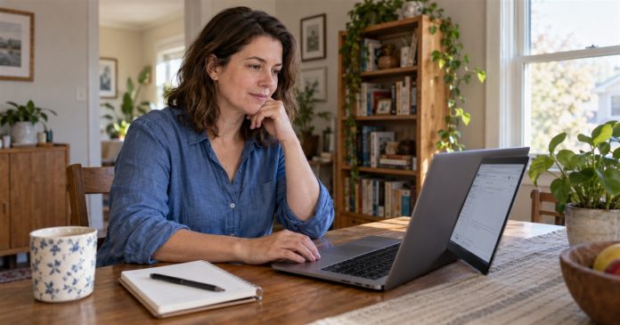 Woman considering an email question at an open laptop in a modest home workspace.