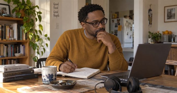 Checking a celebrity tarot story Fictional music fan checking a story on a laptop and taking notes at his home table.