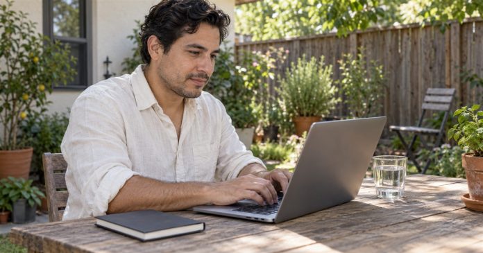 Drafting clear email questions in a backyard Man drafting an email on an open laptop at a simple backyard table beside a closed notebook.
