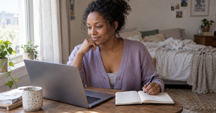 Describing a dream in an email at home Woman composing an email beside her dream journal at a small table in her bedroom.