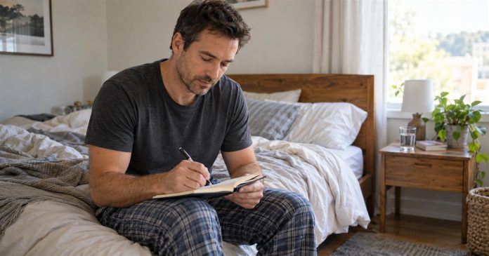 Recording a dream after waking Man writing a dream memory in a notebook while sitting on the edge of his bed in morning light.