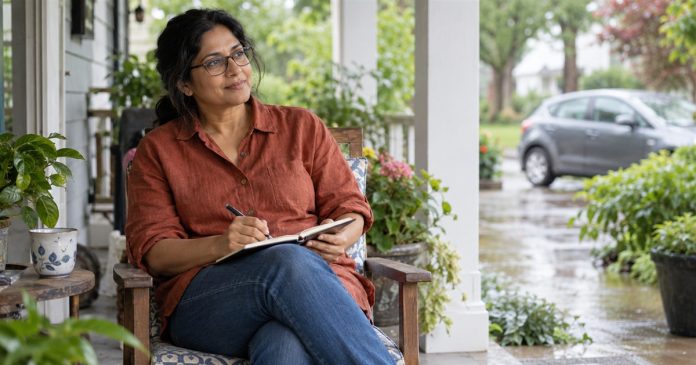 Woman with glasses reflecting in a notebook on a modest porch, with a parked car softly blurred in the background.