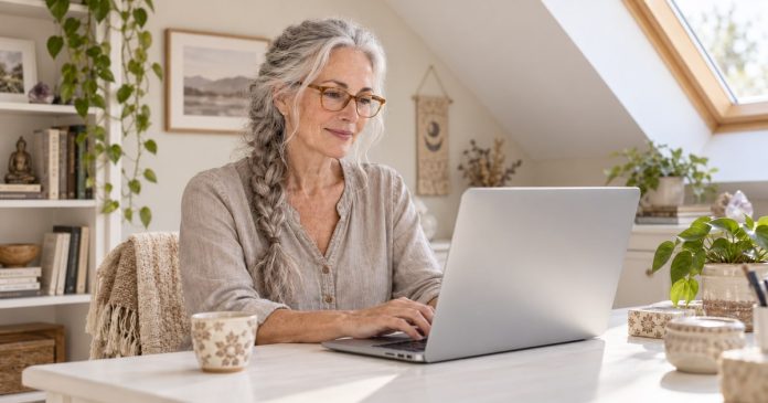 A silver-haired woman with amber glasses typing on a laptop in a warm ivory and taupe attic study.