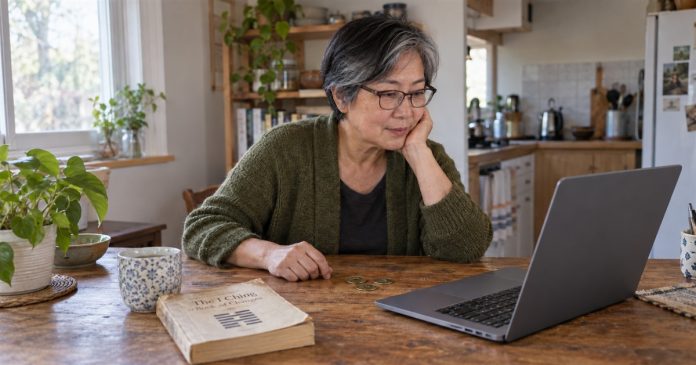 I Ching reading at home — corrected laptop Woman with glasses reviewing an I Ching reading on a laptop beside a book and three coins at her home table.