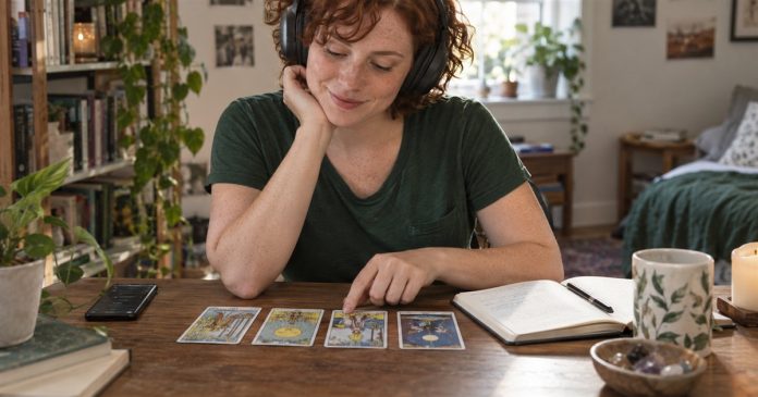 Music-inspired tarot journaling at home Fictional music fan wearing headphones while reflecting on four tarot cards and a notebook at home.