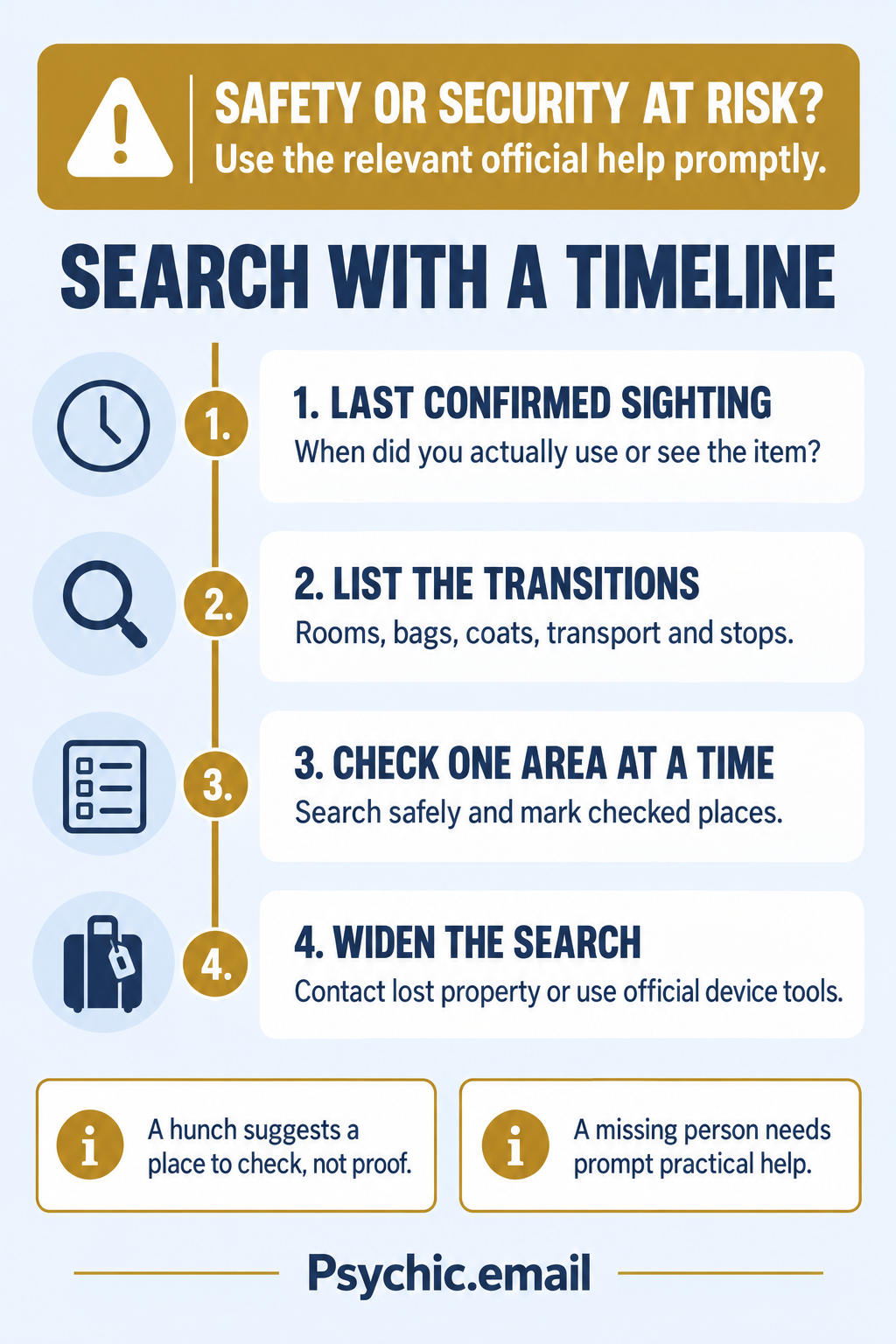 A practical lost-item search. SEARCH WITH A TIMELINE SAFETY OR SECURITY AT RISK? Use the relevant official help promptly. 1. LAST CONFIRMED SIGHTING When did you actually use or see the item? 2. LIST THE TRANSITIONS Rooms, bags, coats, transport and stops. 3. CHECK ONE AREA AT A TIME Search safely and mark checked places. 4. WIDEN THE SEARCH Contact lost property or use official device tools. A hunch suggests a place to check, not proof. A missing person needs prompt practical help.